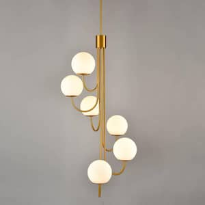 60 Watt 6 Light Gold Finished Shaded Pendant Light with Milk glass Glass Shade and No Bulbs Included