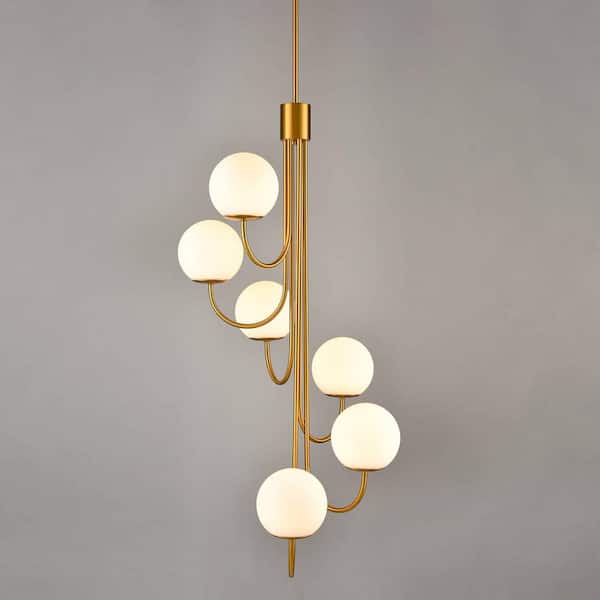 CLAXY 60 Watt 6 Light Gold Finished Shaded Pendant Light with Milk glass Glass Shade and No Bulbs Included
