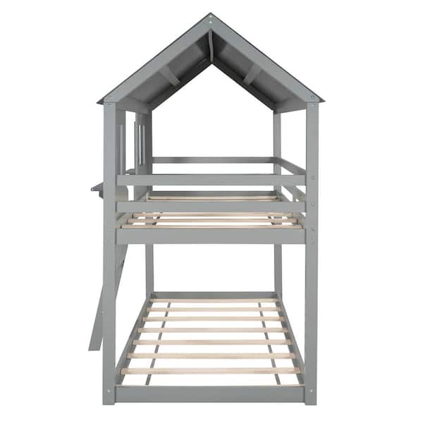 Gray Twin Bunk Bed Wood With Roof, Rv Bunk Bed Rope Ladder