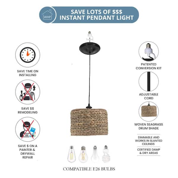 Instant Pendant 1-Light Recessed Light Conversion Kit Brushed Bronze Grass Weave Shade