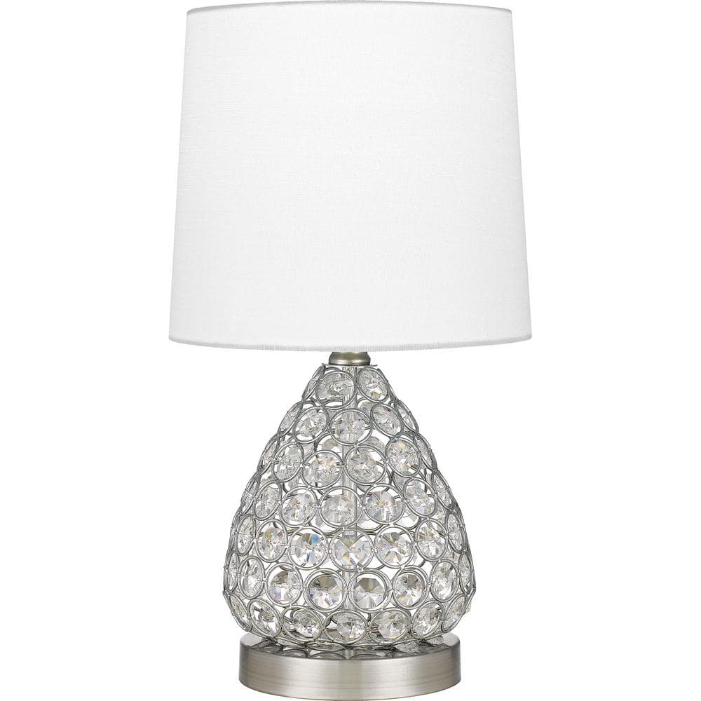 Hampton Bay 16 5 In Clear Crystal And Brushed Steel Table Lamp With White Fabric Drum Shade