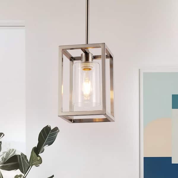 1-Light Brushed Nickel Kitchen Island Pendant Light with Down Rod Hanging Light Fixture with Clear Glass Shade