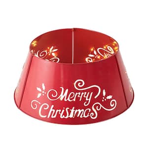 26 in. D Merry Christmas Cutout Metal Tree Collar with Light String (KD)