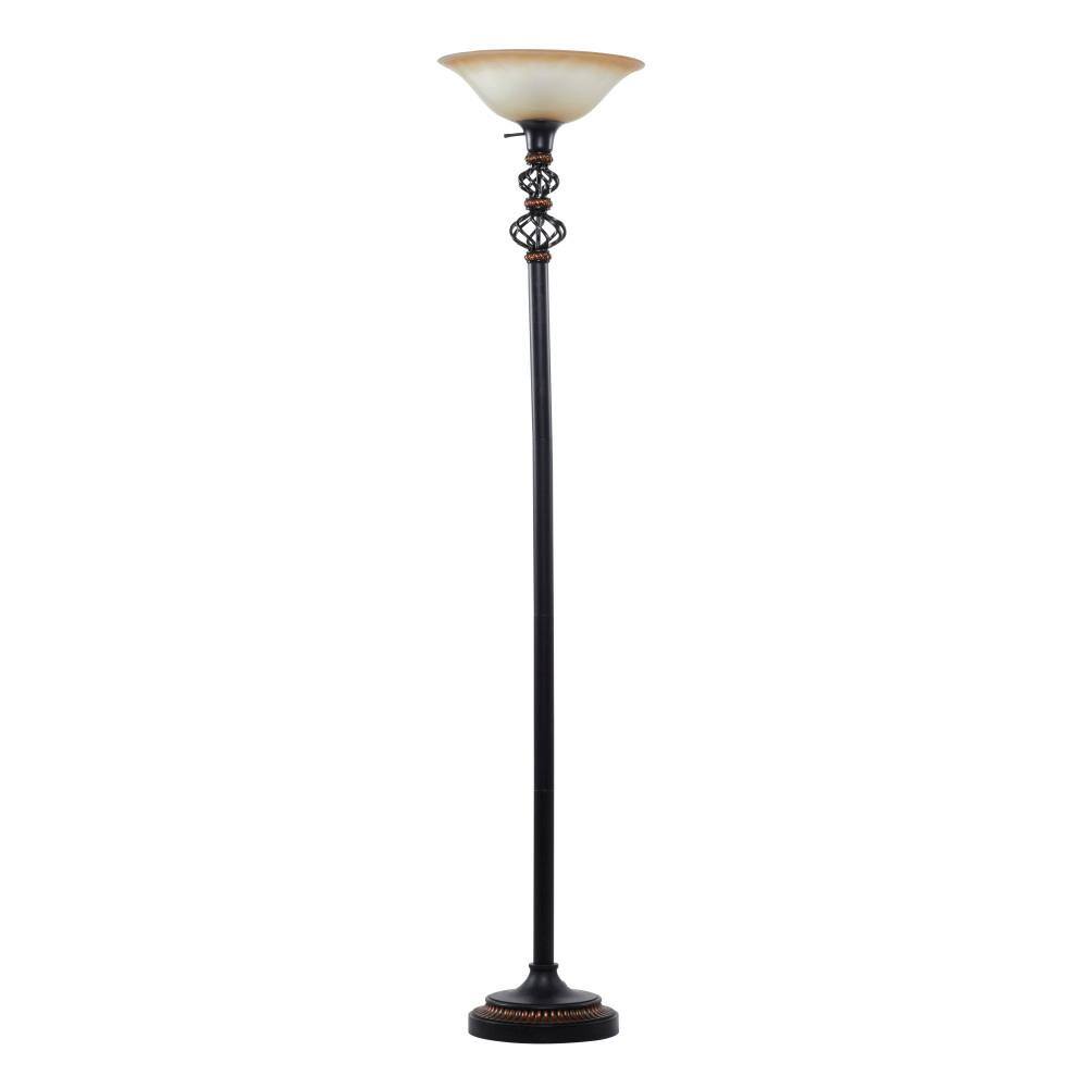 70" Black Iron Torchiere with Cream Glass Shade
