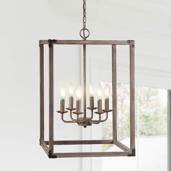 JONATHAN Y Magnolia 16.2 in. 6-Light Oil Rubbed Bronze/Brown Adjustable Iron Rustic Farmhouse LED Pendant