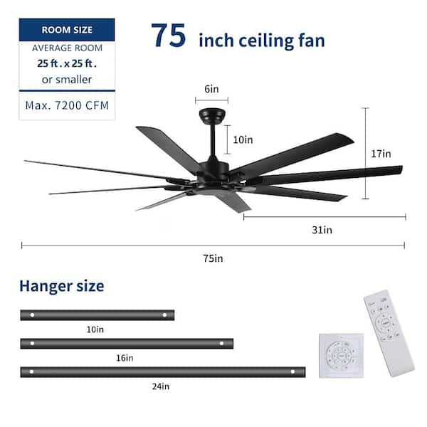 Aerolume 75 in. Indoor/Outdoor Matte Black Downrod Modern Ceiling Fan without Light included Remote Control