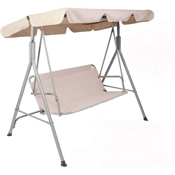 Zeus & Ruta Beige Outdoor 3 Seaters Metal Patio Swing Chair Swing Bed with Adjustable Canopy for Garden and Backyard