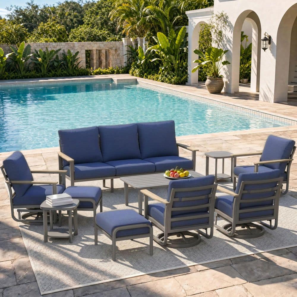 10-Piece Aluminum Patio Conversation Set with Navy Blue Olefin Cushions 5.1 In. Thick Swivel Rocking Chairs & Ottomans price history on PriceWatchPro