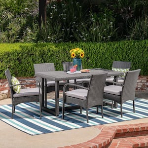 Harlowe Grey 7-Piece Faux Rattan Rectangle 28 in. Outdoor Dining Set with Grey Cushions