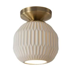 Moraga 8 in. 23-Watt Transitional Weathered Brass LED Smart Home Flush Mount with Bone White Porcelain Shade