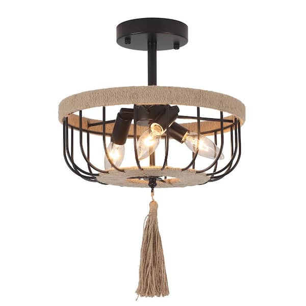 ADSENSTY 11.81 in. 3-Light Black Hemp Rope Semi Flush Mount Fixture with No Bulbs Included