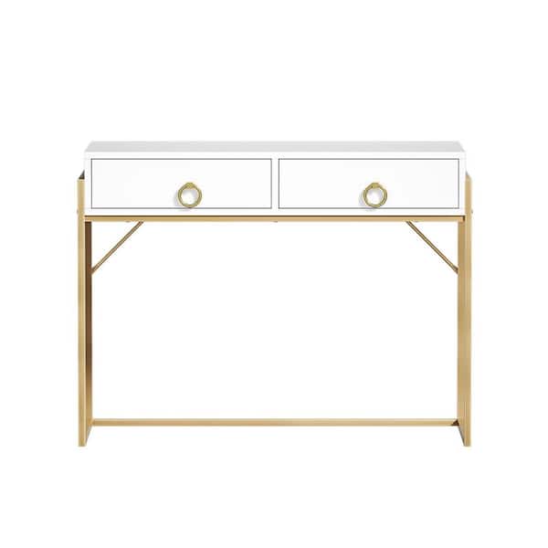 40 in. Rectangular White and Gold 2-Drawers Desk with Storage, Home Office Writing Desk Makeup Vanity Table Study Desk