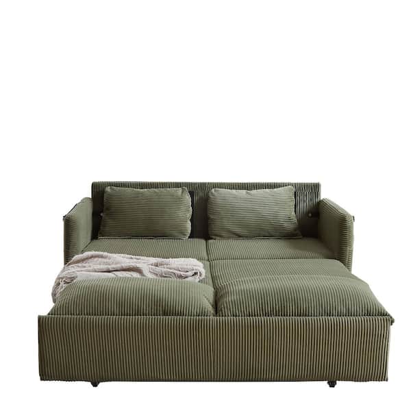 Drelvin Modern 65 in Green Corduroy Fabric Upholstered Pull-out Twin Size Sofa Bed with Pillow Top Arms and Side Pocket