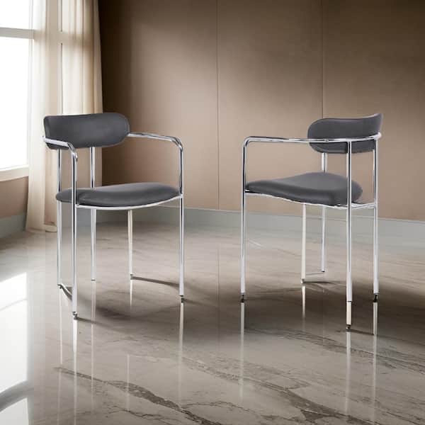 Benjara Gray and Silver Leather Tubular Legs Dining Chair (Set of 2)