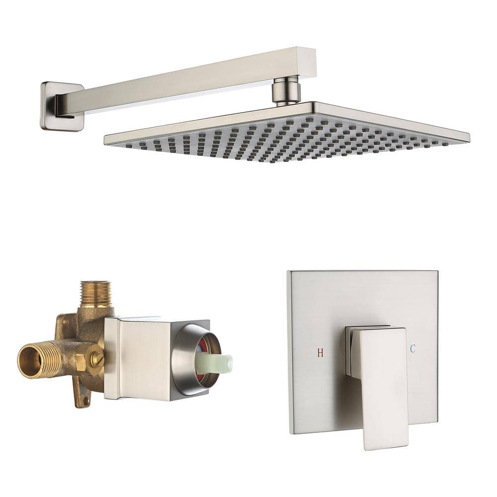 Mondawe Minimalism Square 1-Spray Patterns 9 in. Wall Mount Rain Fixed Shower Head with Valve in Brushed Nickel