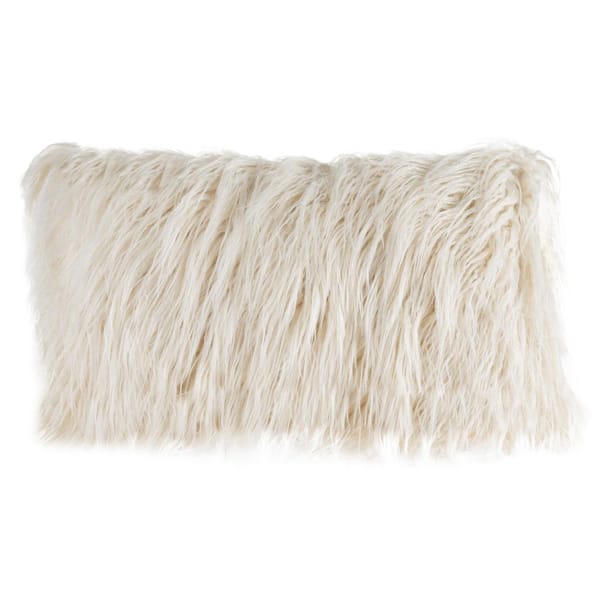 Unbranded Ivory 12 in. W x 20 in. L Faux Mongolian Fur Decorative Lumbar Throw Pillow