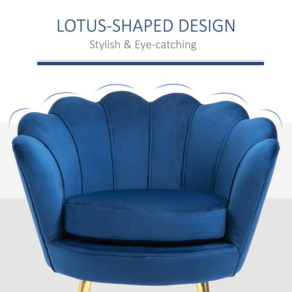 Elegant Lotus Blue Velvet Accent Chair with Gold Metal Legs