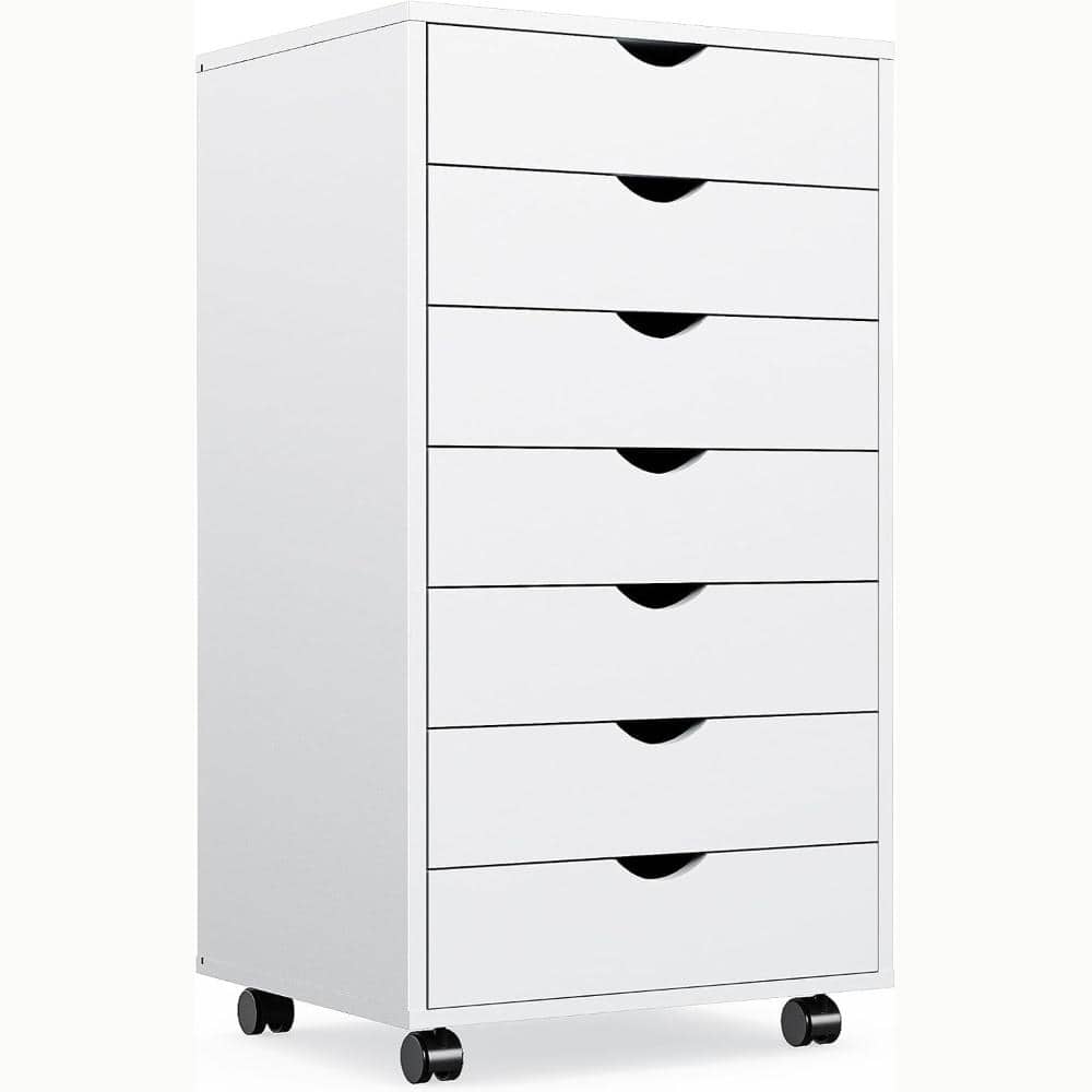 7-Drawer Filing Cabinet Under Desk, Wood Storage file Cabinet with Wheels, White