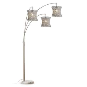 Bohol 83 in. Brushed Nickel 3-Lights Arc Tree Floor Lamp with Rattan Shades
