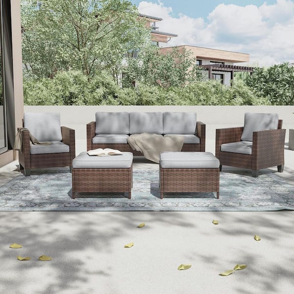 5-Piece Outdoor Patio Conversation Set Widened Back and Arm Brown Wicker 3-Seat Sofa 2-Ottomans, Light-colored Gray