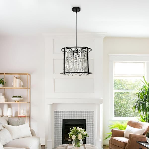 Kinlea 4 Light Black Crystal Modern Round Chandelier for Kitchen Island, Living Room and Dining Room