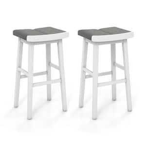 2-Piece Gray White Backless Wood Saddle Bar Stool with Linen Seat, 31.5 in. Seat Height