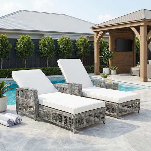 2-Piece Beige and Gray Wicker Outdoor Recliner with Beige Cushions and Adjustable Backrest