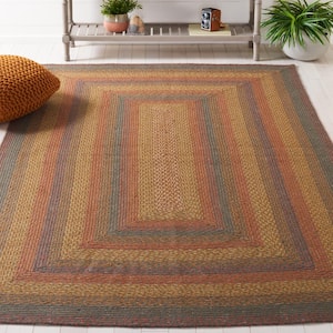 Braided Green Rust 6 ft. x 6 ft. Border Striped Square Area Rug