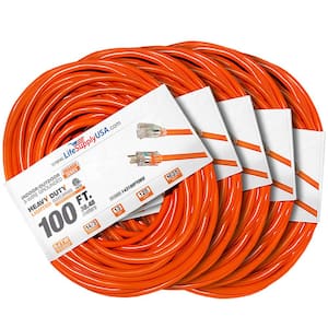 100 ft. 14-Gauge/3-Conductors SJTW 13 Amp Indoor/Outdoor Extension Cord with Lighted End Orange (5-Pack)