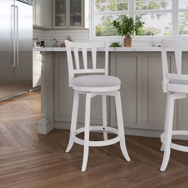 Presque Isle 39 in. White Slat High Back Wood 25.5 in. Counter Height with Gray Upholstery