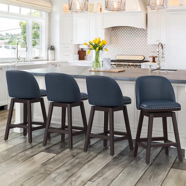 OrangeOne Meliodas 26 in. Navy Blue Faux Leather Cushioned Dark Brown Solid Wood Leg Counter Height Swivel Barstool (Set of 4)