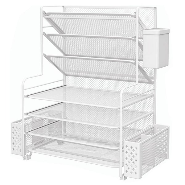 White 16.8 in. x 16.8 in. Metal Modern Desk Organizers with Pen Holder and Metal Hanging Basket