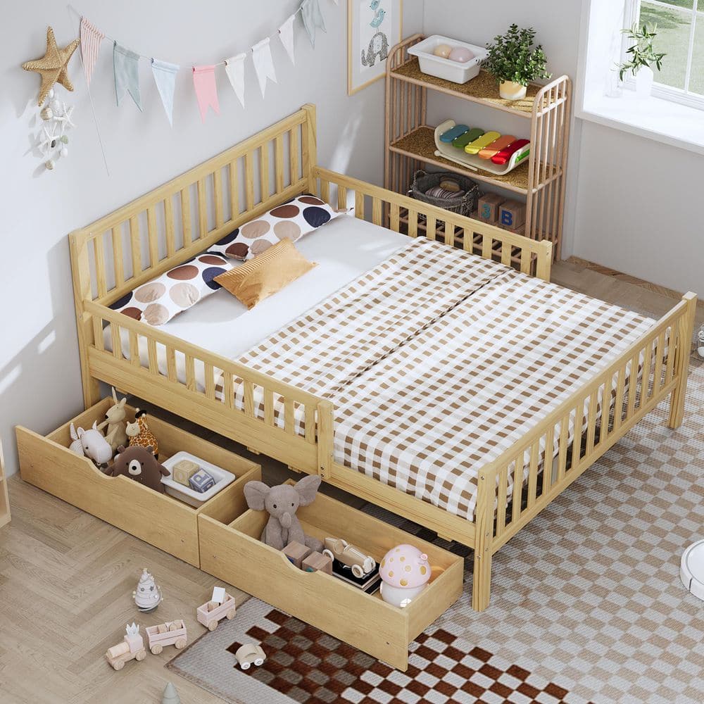 Kate Natural Brown Wood Frame Full Size Platform Bed Kids Bed with 2 Storage Drawers, Guardrails price history on PriceWatchPro