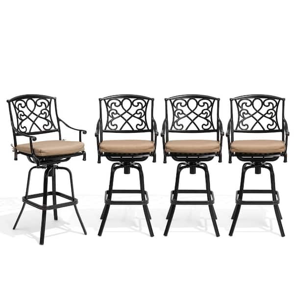 Bar Height Arm Chair Swivel Cast Aluminum Outdoor Bar Stool with Sunbrella Beige Cushion (4-Pack)