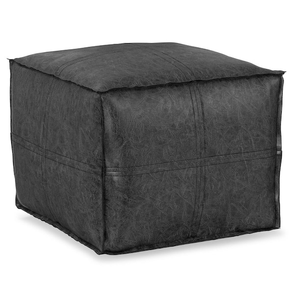 Brody Boho Square Pouf in Distressed Black Vegan Faux Leather