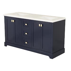 72.6 in. W x 22.4 in. D x 34 in. H Double Sink Solid Wood Bath Vanity in Navy Blue with White Marble Top