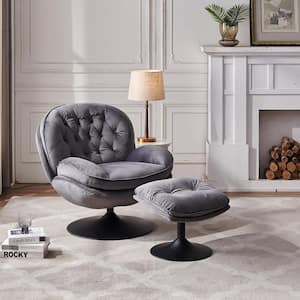 33.5 in. W Gray Velvet Tufted Swivel Leisure Chair/Lounge Chair/Sofa/Accent Chair/Glider Chair, Metal Frame with Ottoman
