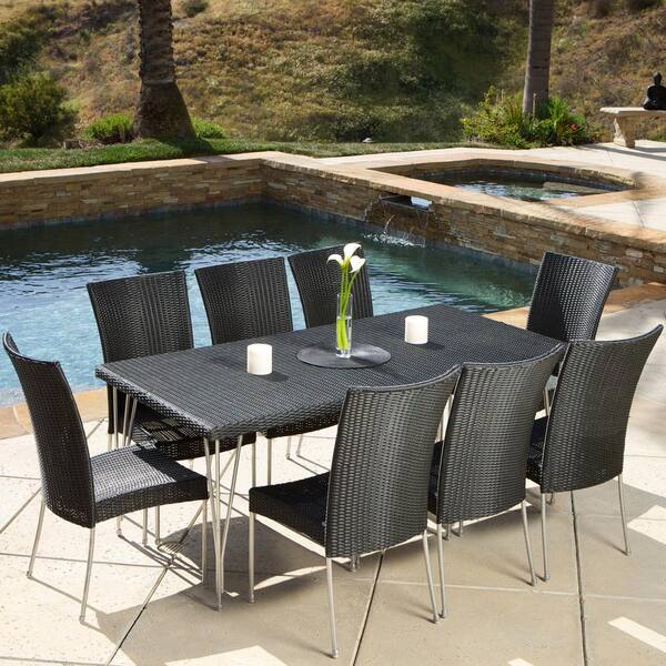 Noble House Fairfield Black 9-Piece Faux Wicker Outdoor Dining Set