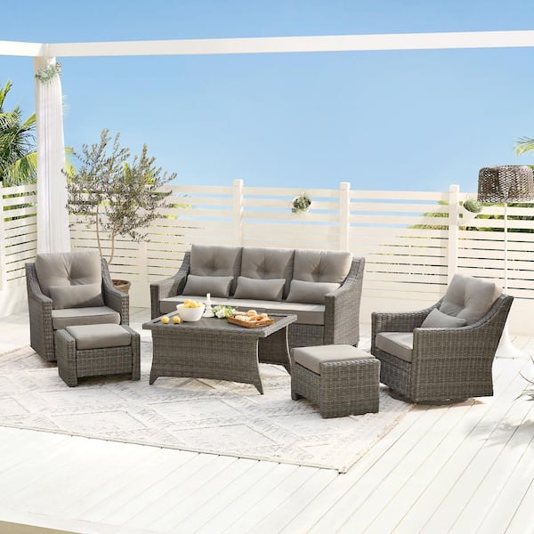 Thaddeus 6 Pieces Gray Fabric Wicker Living Room Set with 3-Seater Sofa 2-Swivel Chairs,Coffee Table,2 Ottoman