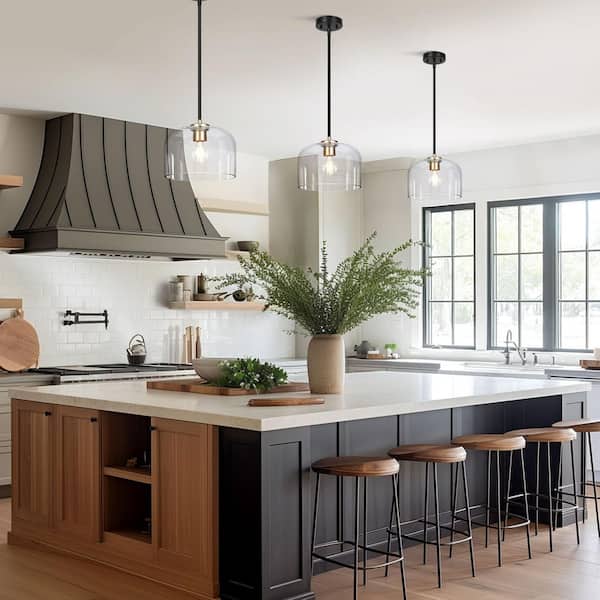 Modern 1-Light Black Pendant Light for Kitchen Island, Minimalistic Gold Pendant Lamp with Dome Clear Glass Shade