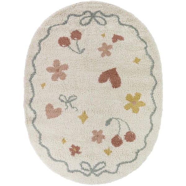 Cherie Coral/Blue 6 ft. 7 in. x 9 ft. Oval Kids Icons Ribbon Border Area Rug