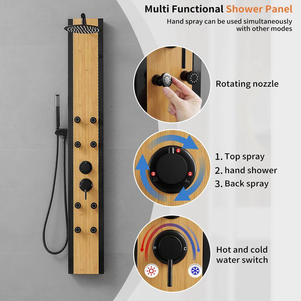 Matte Black and Bamboo 60'' Shower Panel System with Jets