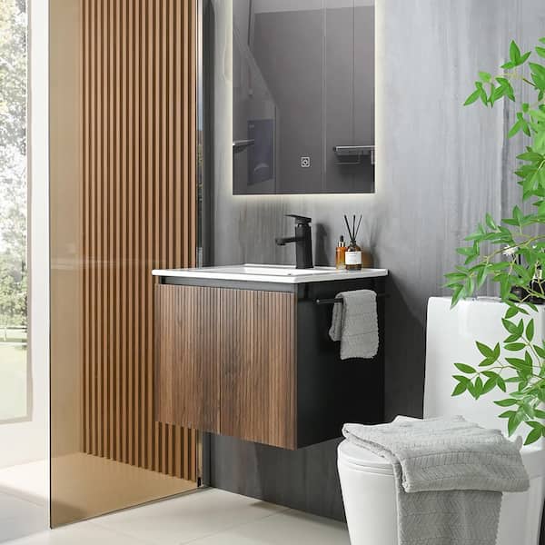 Yunus 24 in. Single Sink Floating Black and Dark Walnut Bath Vanity with White Ceramic Top Unassembled