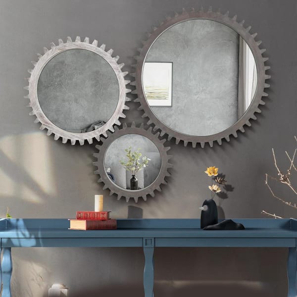 Gear Shape 17 in. W x 17 in. H Round Wood Framed Decorative Mirror Wall Bathroom Vanity Mirror in Antique White Washed