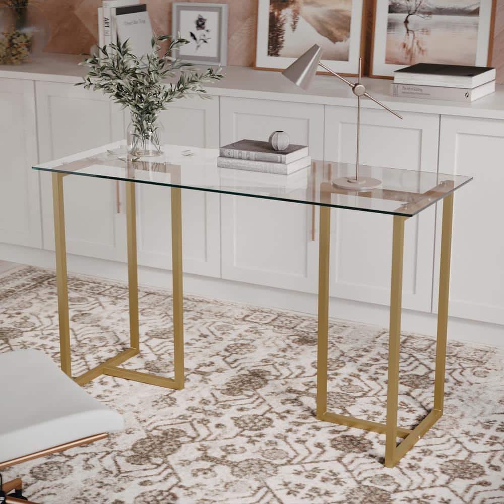Clear Glass Top Desk with Polished Brass Frame for Home Office