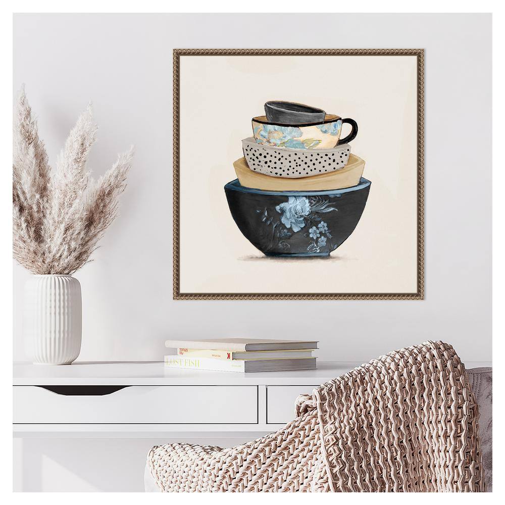 22"x22" Blue and Beige Stacked Bowls Canvas Print with Beaded Bronze Frame
