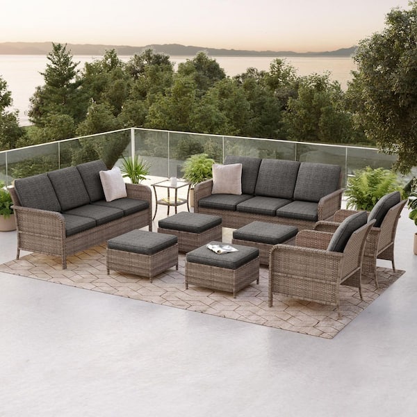 9-Pieces Patio Conversation Set with Outdoor Armchair, Ottomans and Side Table Gray Wicker with Black Cushion