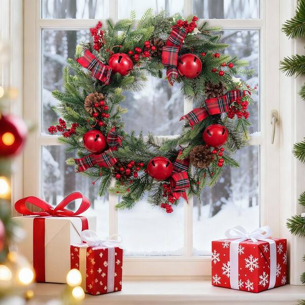 Glitzhome 26 in. D Christmas Unlit Bell Pinecone and Berry Bow