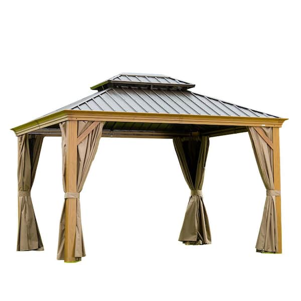 domi outdoor living 14 ft. W x 12 ft. D Dark Brown Hardtop Gazebo with Aluminum Frame, Galvanized Steel Double Roof