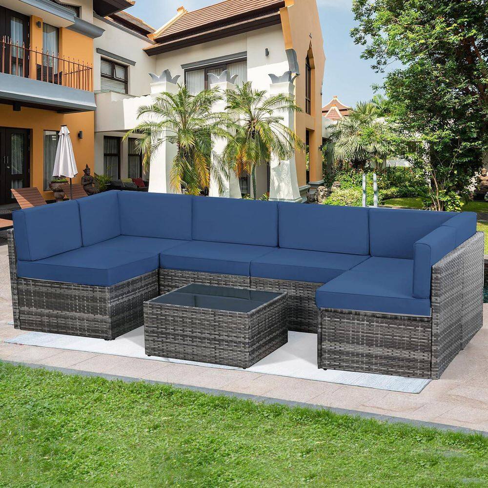 7-Piece Gray Wicker Patio Conversation Set with Blue Cushions and Coffee Table price history on PriceWatchPro